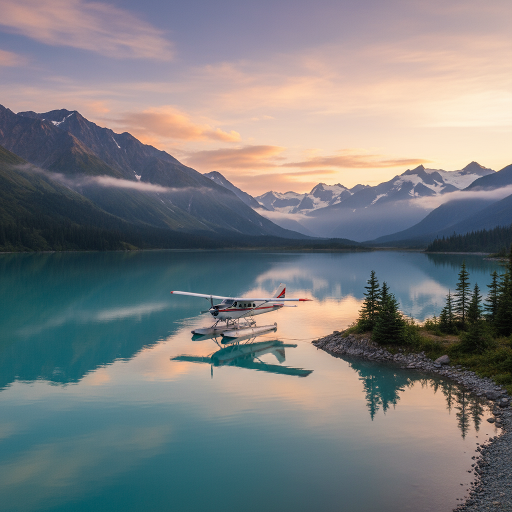 Bush plane landing on a gravel strip in remote Alaska mountains