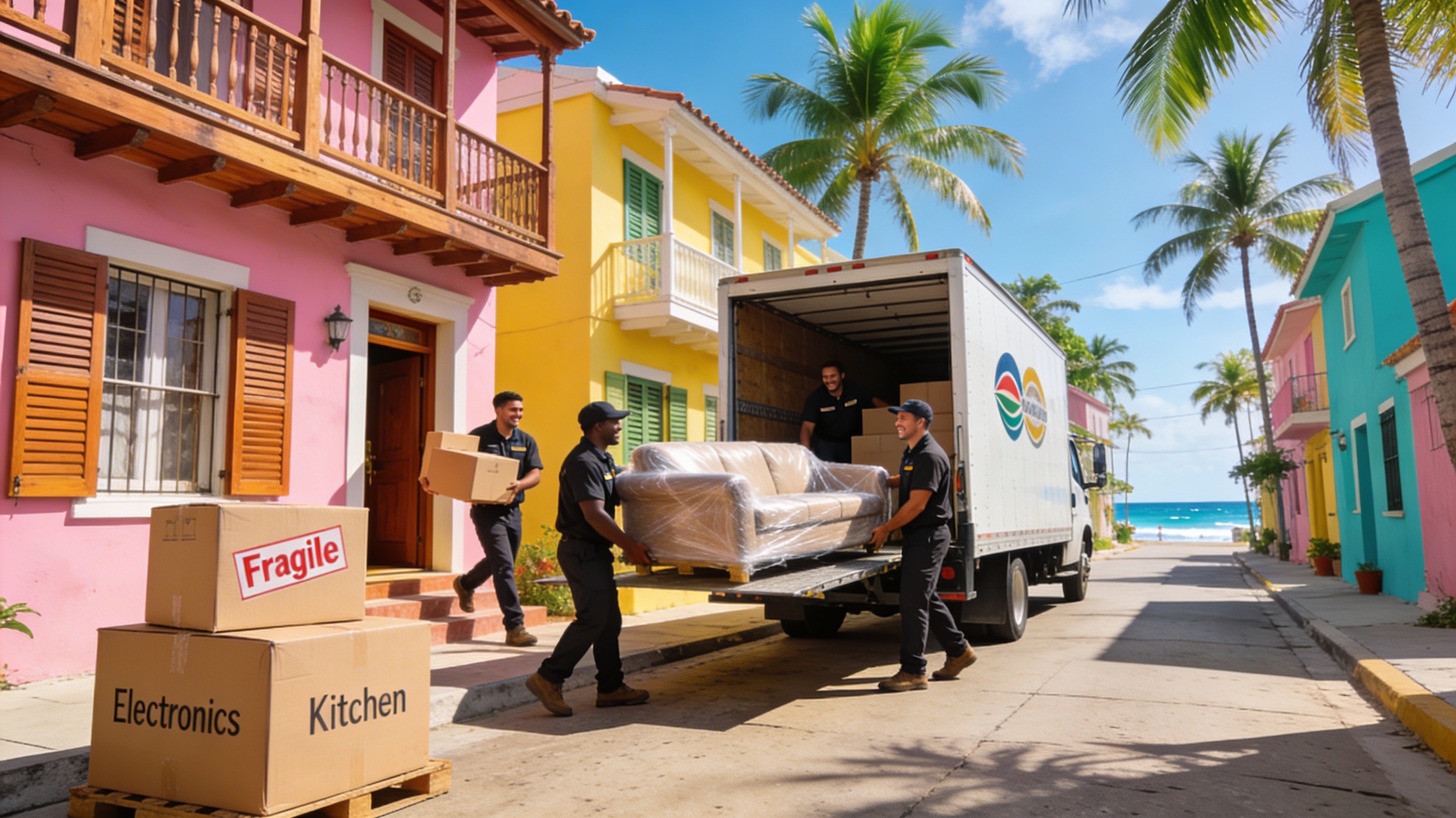 Professional movers unloading boxes in a sunny Puerto Rico neighborhood